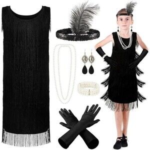 6 Pcs Girls 1920s Flapper Dress Costume and Accessories Flapper Fringed Dress M